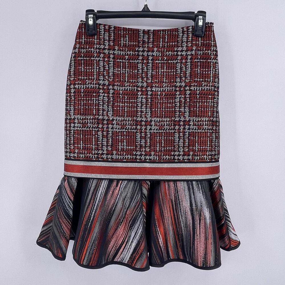 Ostwald Helgason Sz 2 Fitted Pencil Skirt Ruffle Bottom Red Black Silver Grey